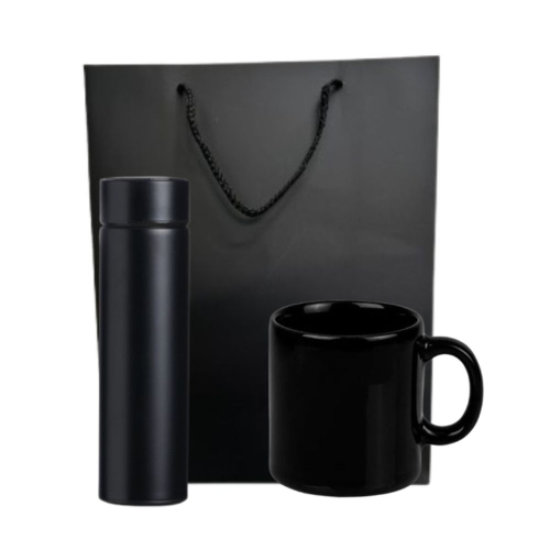 Kit Garrafa Térmica 400ml com Display LED + Caneca de Cerâmica Preta Personalizada-14794 KT
