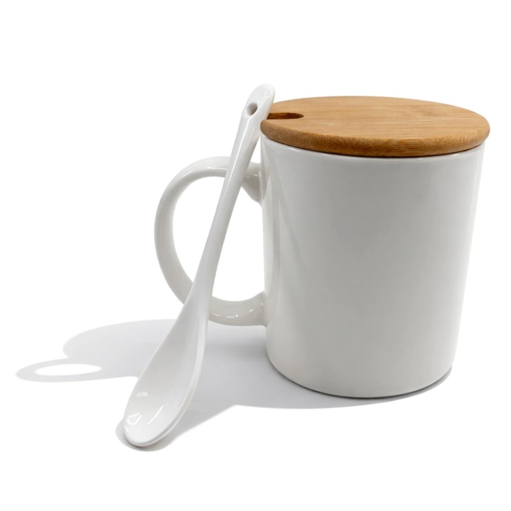 Caneca de Cerâmica Personalizada 330ml com Tampa de Bambu e Colher-BG191 