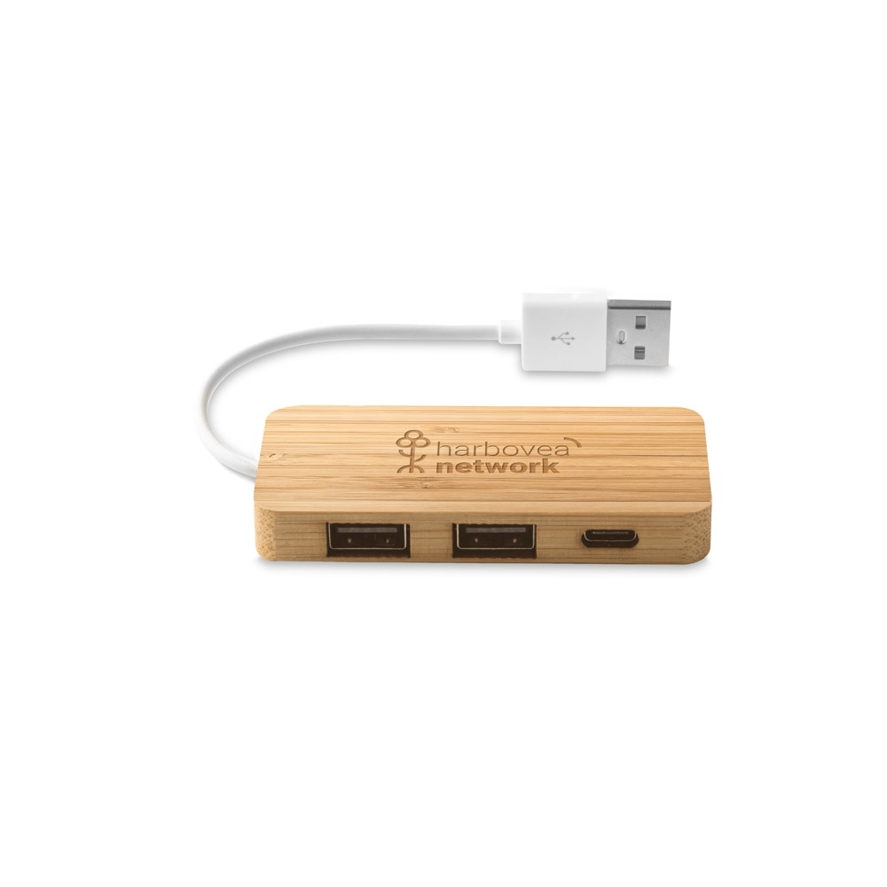 Hub em Bambu Personalizado com 2 Portas USB-A e 1 USB-C