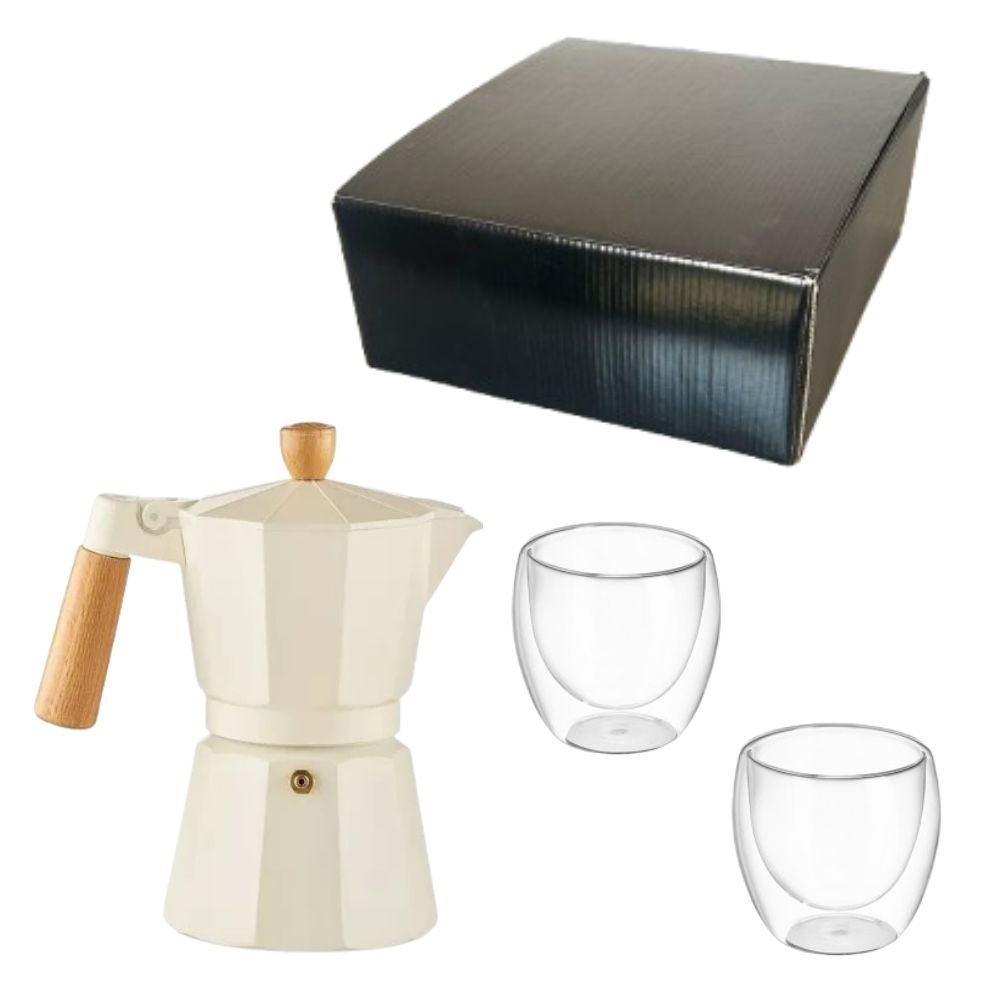 Kit Cafeteria Personalizado com Copo de Vidro e Cafeteira Italiana
