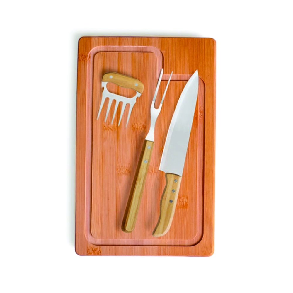 Kit Churrasco em Bambu com Faca, Garfos e Tábua