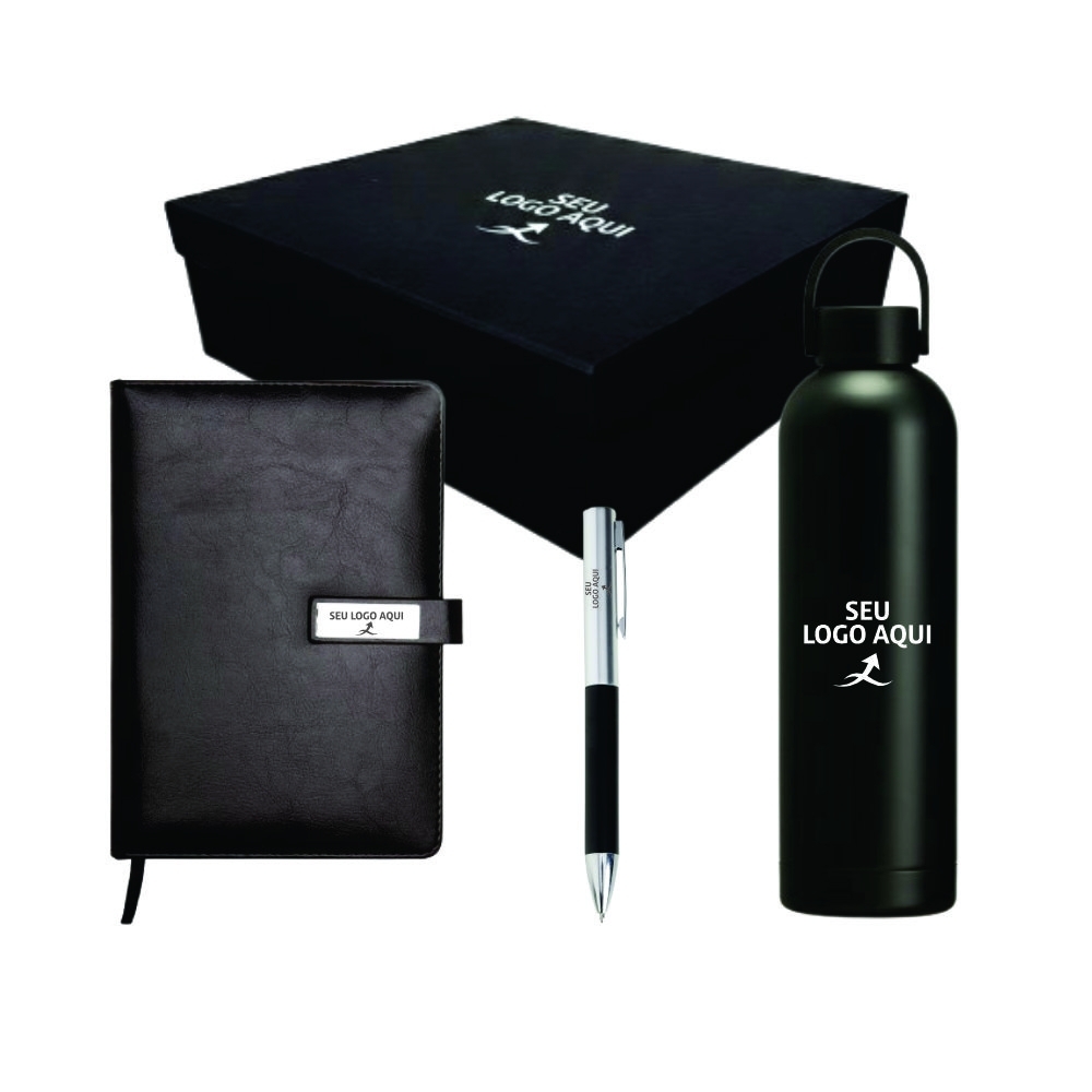 Kit Executivo Premium: Garrafa Inox 750ml, Caderneta e Caneta Metal