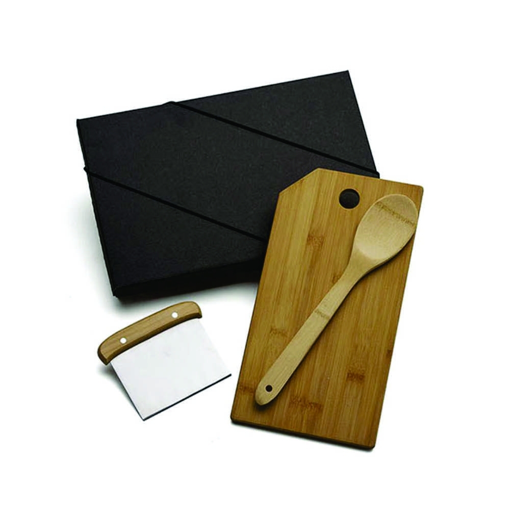 Kit Para Cozinha Em Bambu Inox Com Espátula Multiuso - 3 Pçs-KT-90180