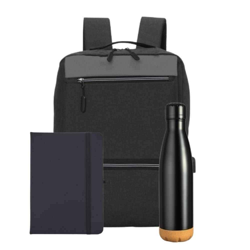 Kit Personalizado Corporativo com Mochila USB, Garrafa Térmica e Caderneta
