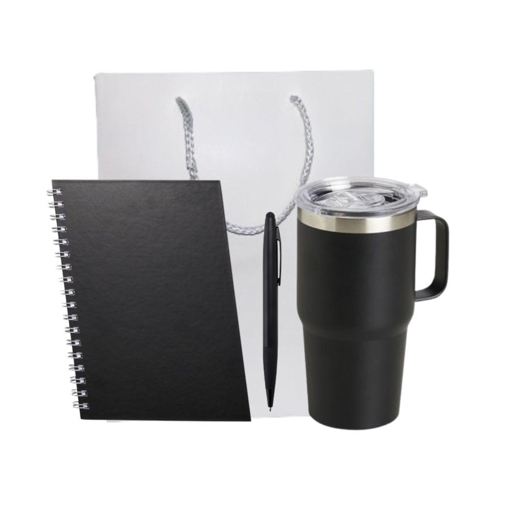 Kit Personalizado para Brindes – Caderno, Caneta e Caneca Térmica