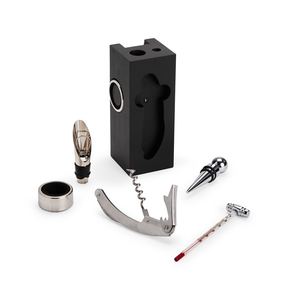 Kit Vinho 6 Peças em Inox com Suporte em MDF
