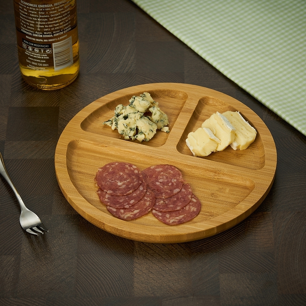 Petisqueira Pequena de Bambu Personalizada com 3 Divisórias