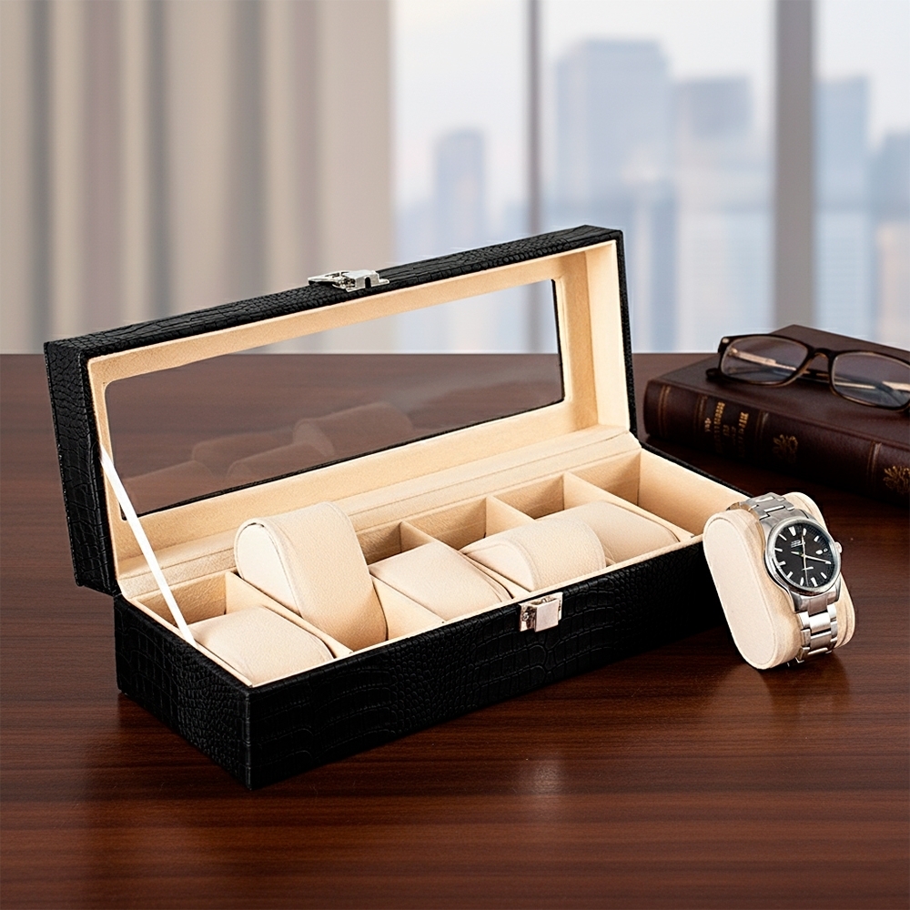 Porta-Relógios com 6 Divisórias em Couro Sintético